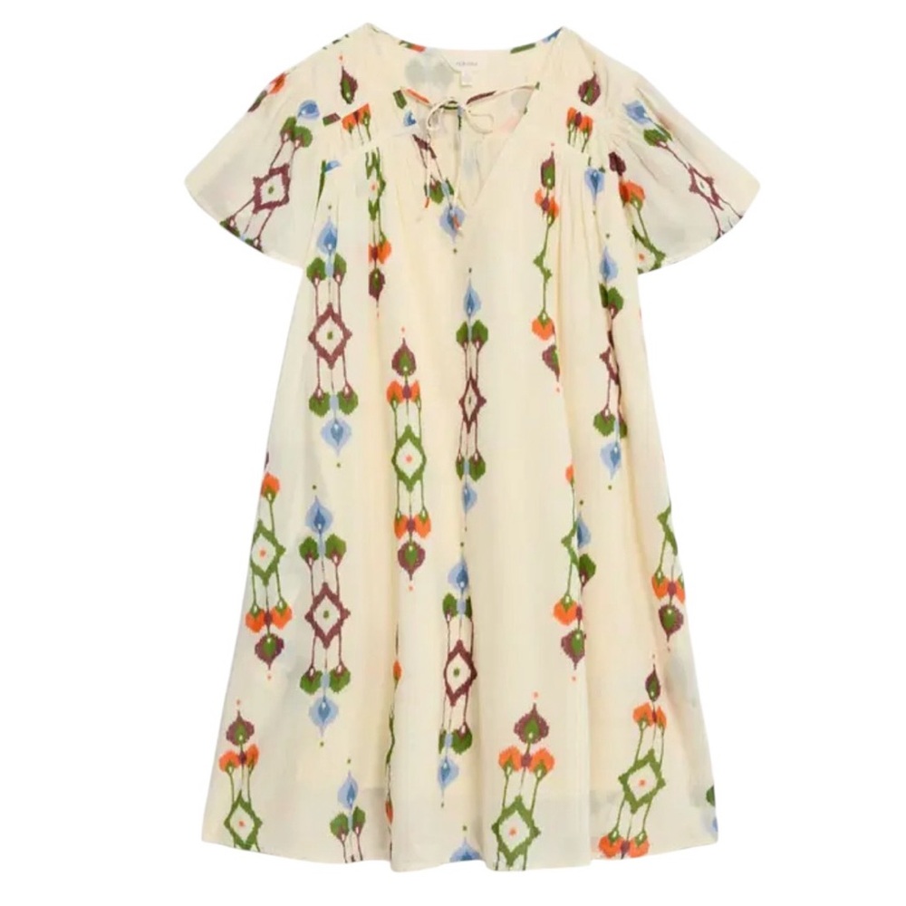 Marks & Spencer Per Una Cotton Ecru Print Mini Dress Size 12 Boho Flutter Sleeve
